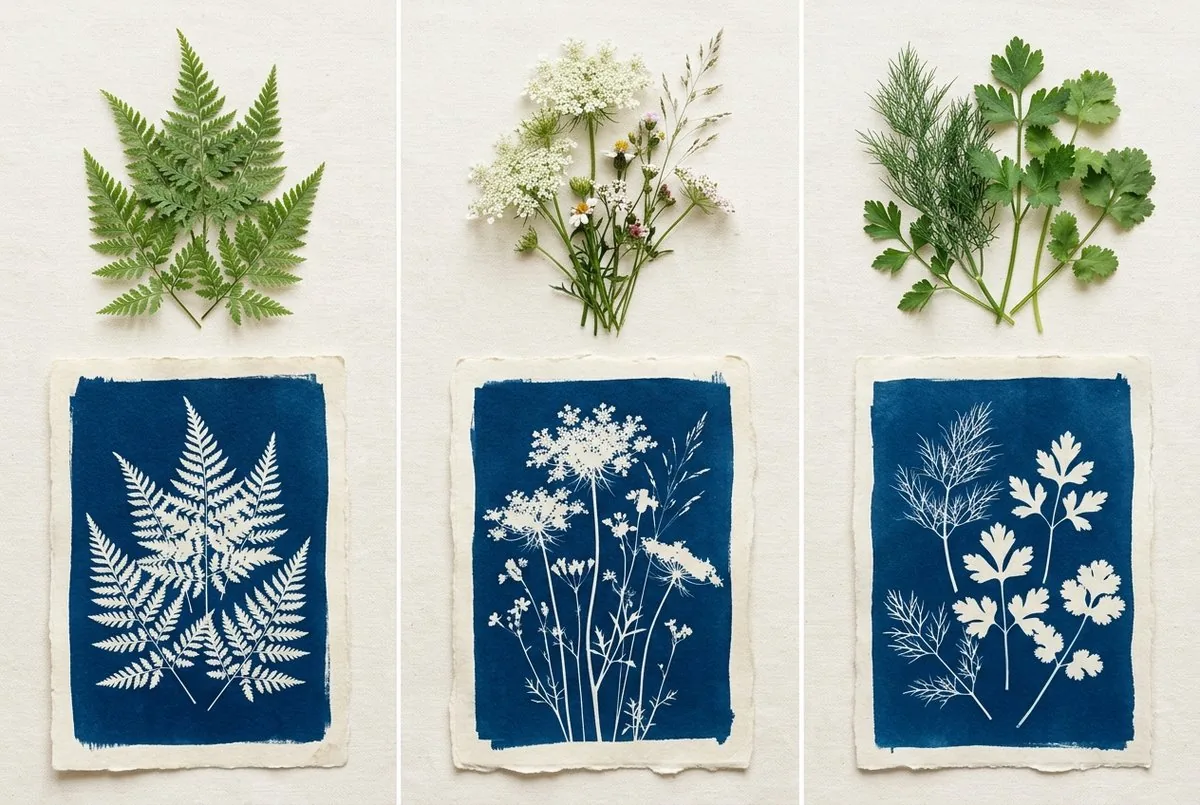 Pressed flowers beside a finished deep blue cyanotype print