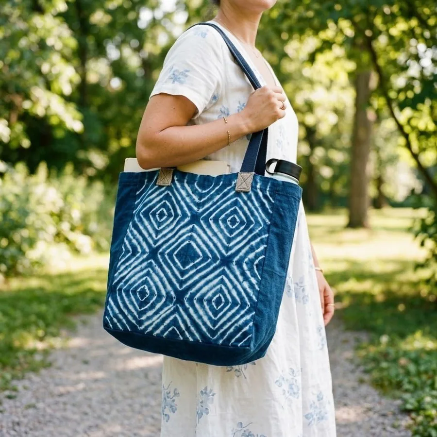 A finished indigo shibori tote bag with a crisp white diamond pattern