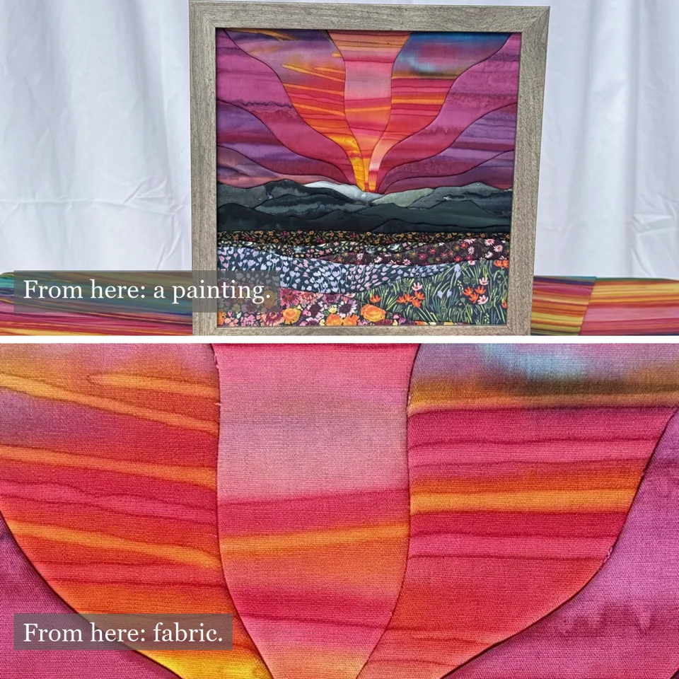 The same fabric piece shown from across the room and in close-up, where the tucked fabric is visible