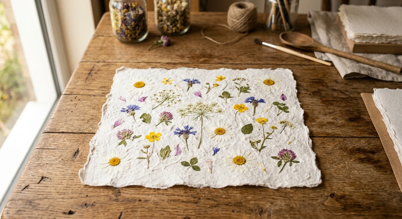 Handmade paper with pressed wildflowers and petals embedded in the sheet