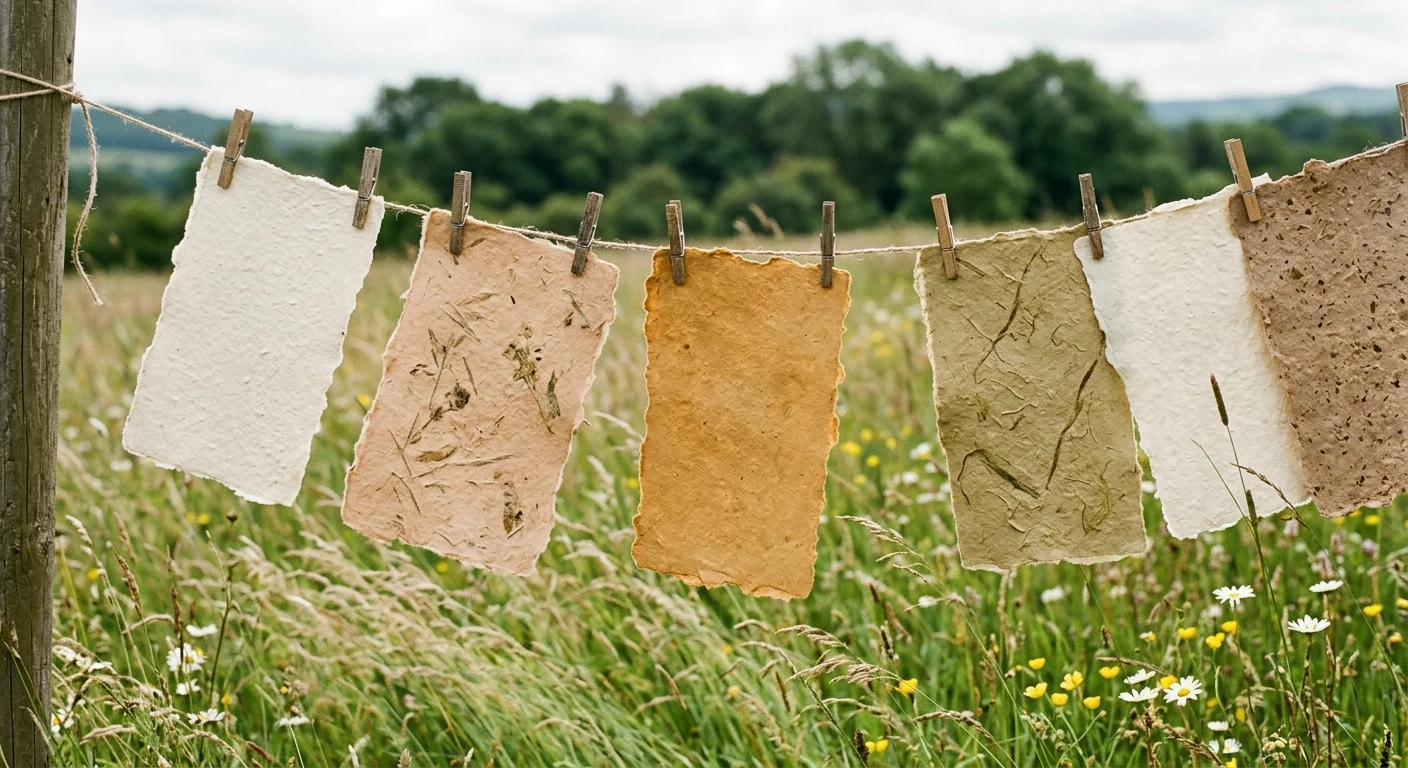 Sheets of handmade paper in earthy tones drying on a clothesline in a sunny field
