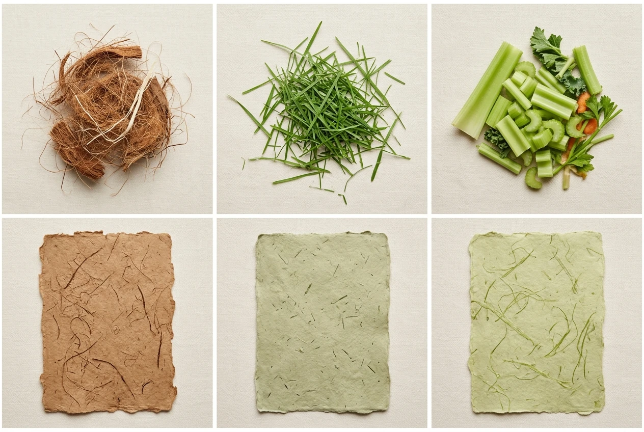 Before and after grid: coconut husk, grass clippings, and celery scraps above the finished handmade paper each one becomes