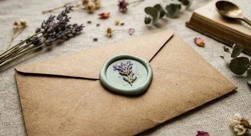 A sage green wax seal with pressed lavender on a kraft envelope