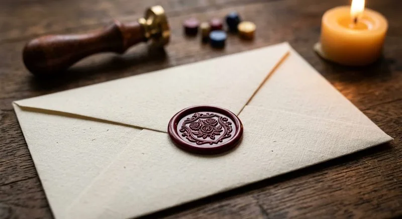 A finished wax seal with shimmer and gold detail on an envelope