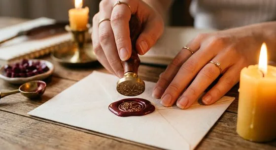 Hands pressing a brass stamp into melted burgundy wax on an envelope